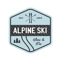 Camping mountain expedition logo emblem illustration design. Outdoor adventure label with mountains and text - Alpine ski. Unusual linear hipster sticker. Stock .