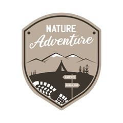 Vintage camping adventure logo emblem illustration design. Outdoor label with tent, mountain scene and text - Nature adventure. Unusual linear hipster style sticker. Stock .