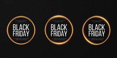 Black Friday Super Sale. Realistic golden luminous round frame. Discount banner for the holidays.