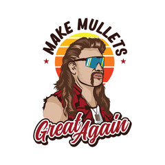 A man with mullet hair style and red neck shirt in retro style, good for club logo and tshirt design