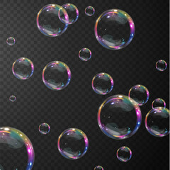 Collection of realistic soap bubbles.  Bubbles are located on a transparent background.  Vector flying soap bubbles.  Bubble PNG. Water glass bubble realistic png	