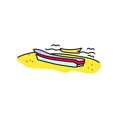 Hand drawn doodle boats on the yellow sand near the blue water.