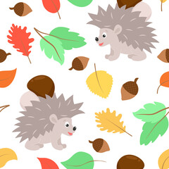 Autumn pattern hedgehog carries mushroom and leaves falling. Seamless fall background. Seasonal colorful leafy template for wallpaper, packaging, fabric and design