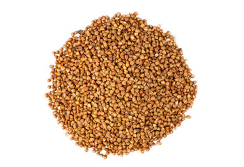 Buckwheat groats isolated on white background. View from above.