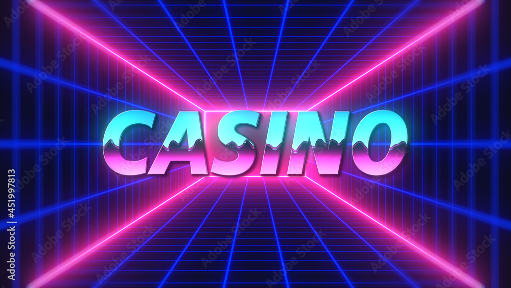 Poster retro futuristic colorful casino text style on 3d perspective mesh rectangle tunnel and neon light b