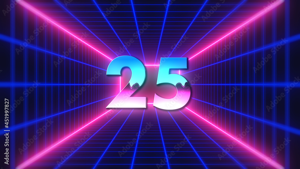 Poster retro futuristic colorful number 25 text style on 3d perspective mesh rectangle tunnel and neon ligh