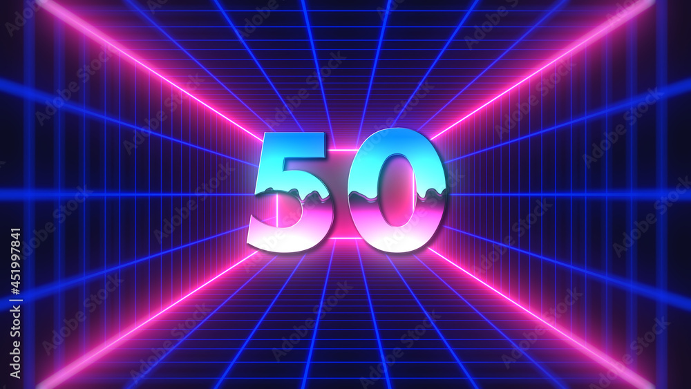 Poster retro futuristic colorful number 50 text style on 3d perspective mesh rectangle tunnel and neon ligh