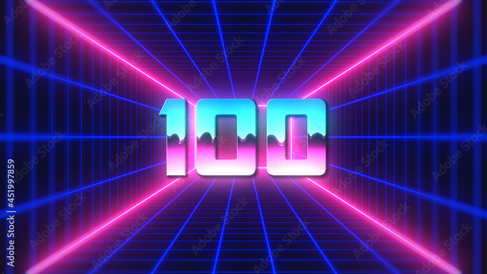 Poster retro futuristic colorful number 100 text style on 3d perspective mesh rectangle tunnel and neon lig