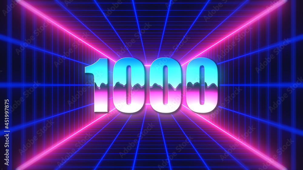 Poster retro futuristic colorful number 1000 text style on 3d perspective mesh rectangle tunnel and neon li