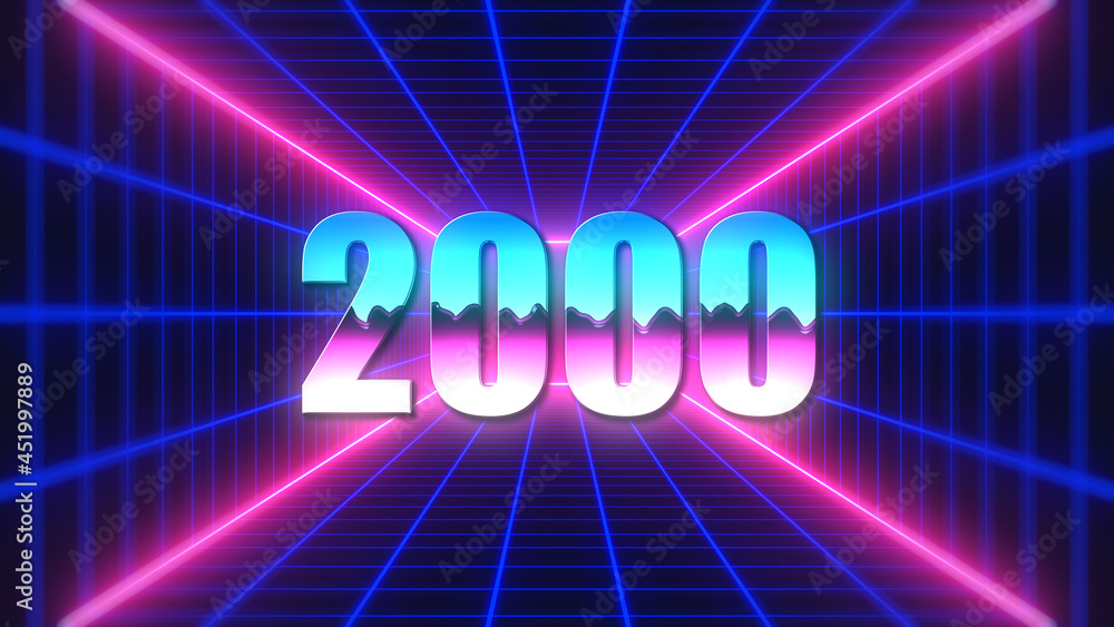 Poster retro futuristic colorful number 2000 text style on 3d perspective mesh rectangle tunnel and neon li