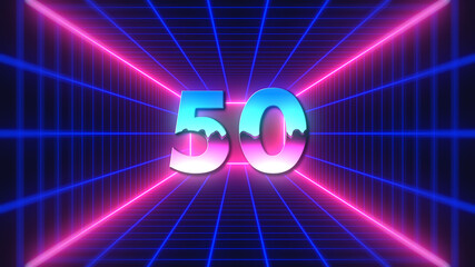 Retro Futuristic Colorful Number 50 Text Style On 3d Perspective Mesh Rectangle Tunnel And Neon Light Background Design