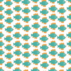 Seamless pattern of fish in cartoon childish style on white background. Vector illustration of marine background.