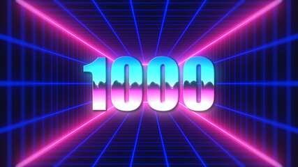 Retro Futuristic Colorful Number 1000 Text Style On 3d Perspective Mesh Rectangle Tunnel And Neon Light Background Design