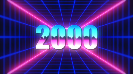 Retro Futuristic Colorful Number 2000 Text Style On 3d Perspective Mesh Rectangle Tunnel And Neon Light Background Design