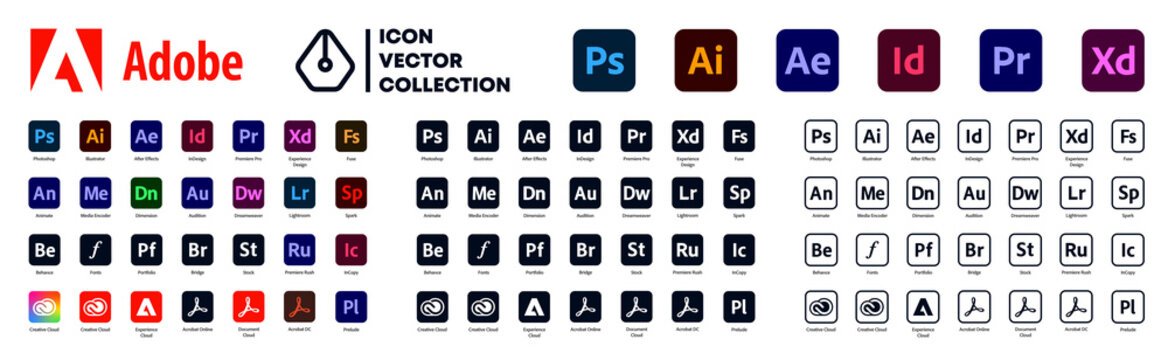 Adobe Creative Cloud procucts icon set  : Photoshop, Illustrator, After Effects, InDesign, Premiere Pro, Acrobat, Behance, Media Encoder… Adobe logos buttons collection. Editorial vector Illustration.