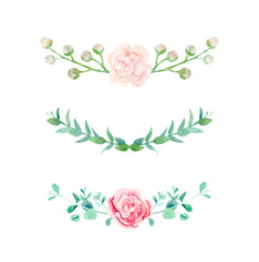 Watercolor floral set of arrangements with rose, carnations and eucalypti. Gentle botanical compositions with pink flowers and greenery for wedding decoration, prints, logo and cards.