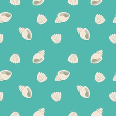 Seamless pattern of shells on blue background. Ocean vector illustration