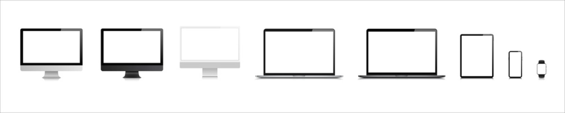 desktop laptop tablet watch moile blank screen computer mock up. modern gadget monitor vector isolated on white background. mockup set