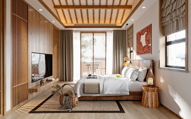 3d render of wooden style hotel room, bedroom