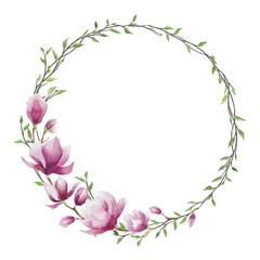 Obraz na płótnie Canvas Magnolia flowers green branch wreath. Spring watercolor illustration. Botanical floral frame 