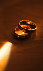 wedding rings on the table. Ring. Marriage. Golden