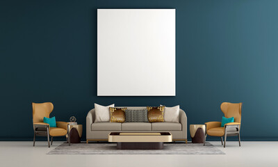 The living room and mock up furniture decoration and empty canvas frame on white wall background