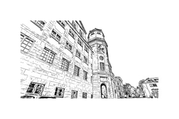 Building view with landmark of Kassel is a city in central Germany. Hand drawn sketch illustration in vector.