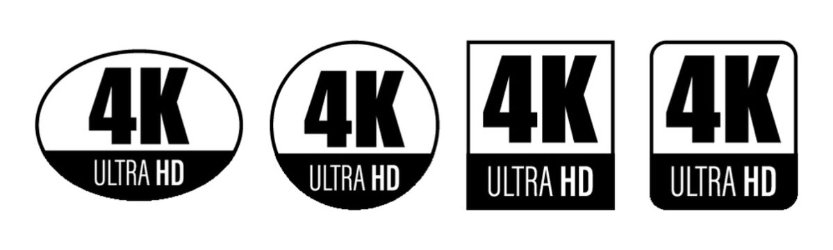 4K ULTRA HD icon. Vector 4K symbol of High Definition monitor display resolution standard. Black label