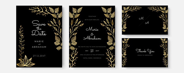 Gold wedding invitation with tropical leaves. Luxury wedding invitation cards with gold marble texture and geometric pattern vector design template.