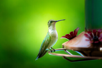 Beautiful green hummingbird sitting on a hummingbird feeder