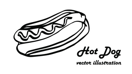 Hand drawn hot dog isolated on white background. Doodle icon fast food illustration. Design element for packages, menu, background.