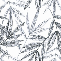 Hand dawing plants. Smple pencil. Botanical seamless pattern. Design for textile, wallpaper