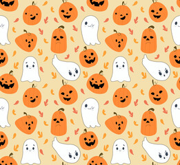 Seamless pattern with pumpkin and ghost in cartoon style. Perfect for halloween night