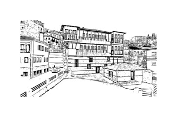 Building view with landmark of Kastoria is the 
city in Greece. Hand drawn sketch illustration in vector.