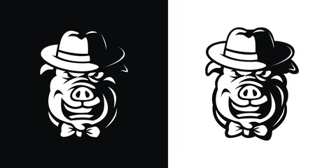 Black and white silhouette of a pig's head mascot wearing a hat.