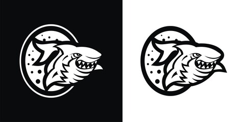 Black and white silhouette of a shark in a circle.