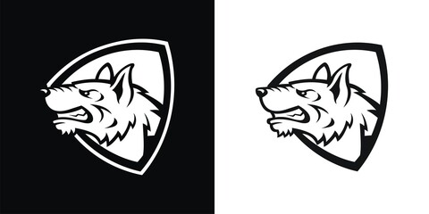 Black and white silhouette of a wolf head in a shield.