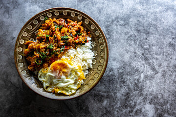 Top view of basil rice with pork or beef topping fried egg, Thai food