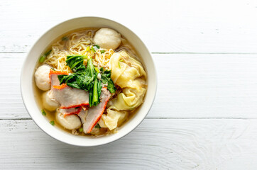 Top view of wonton and noodle soup of Chinese style