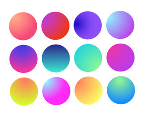 Rounded holographic gradient sphere. Multicolor green purple yellow orange pink cyan fluid circle gradients, colorful soft round buttons or vivid color spheres flat set.