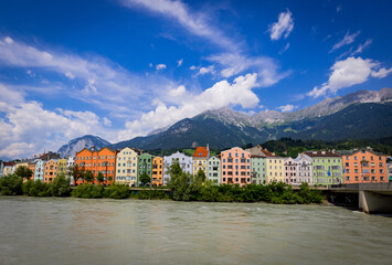 Fototapeta na wymiar One of the top landmarks in Innsbruck - the colorful houses at River Inn - travel photography