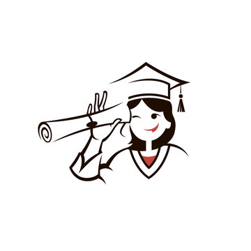 illustration of graduate girl and rolled diploma isolated on white background