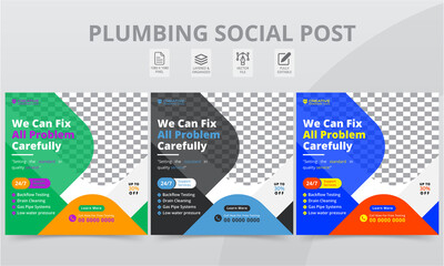 Elegant Plumber Social Media Post Attractive Templates. Professional plumbing services square banner layouts template with geometric shapes for social media posts and web internet ads.