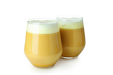 Glasses of pumpkin latte isolated on white background
