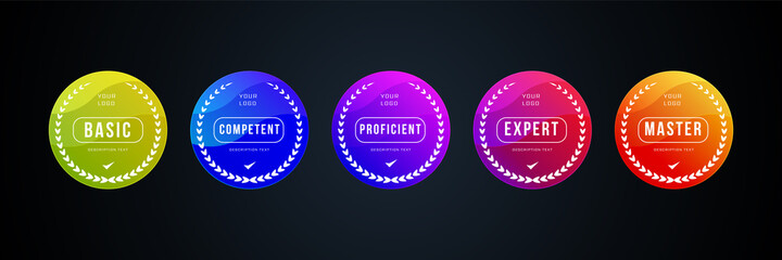 certified skill level for business, game, competition, in colorful rounded. vector gaming badge, emblem, icon template. - obrazy, fototapety, plakaty