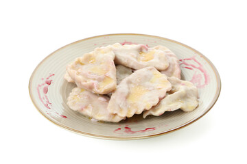 Plate with pierogi with cherry isolated on white background