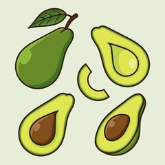 Set Different angles of Avocado fruit Cartoon Vector isolated