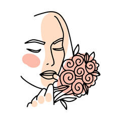 Beaytiful face of a woman one line art. Portrait of a young girl with flowers bouquet and pastel colored shapes. Vector isolated linear illustration