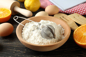 Concept of recipe on wooden background, close up