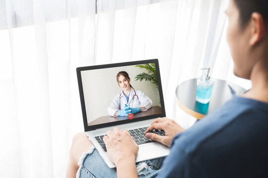 Male patient talking with doctor. Doctor telemedicine service online video for virtual patient health medical chat . Remote doctor healthcare consultant from home  .